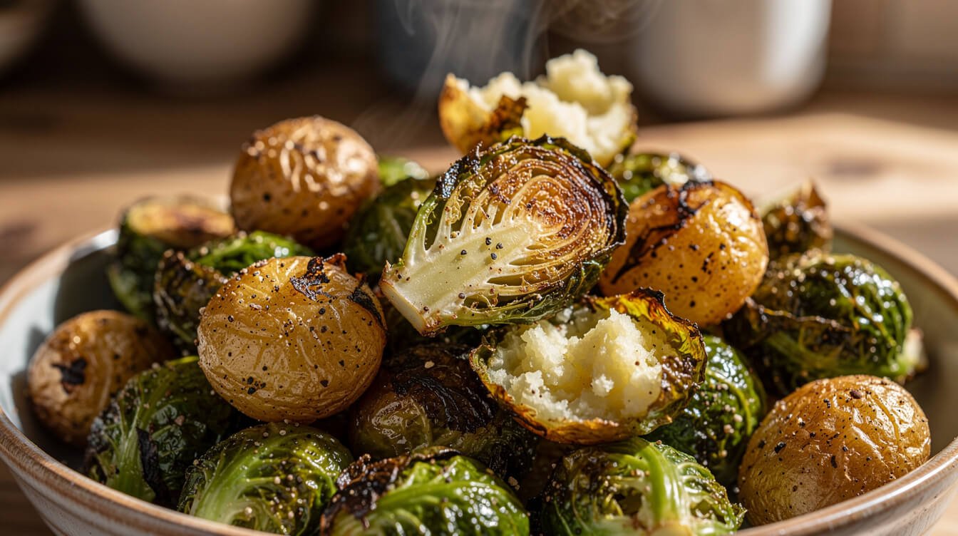 crispy air fryer Brussels sprouts and roasted potatoes