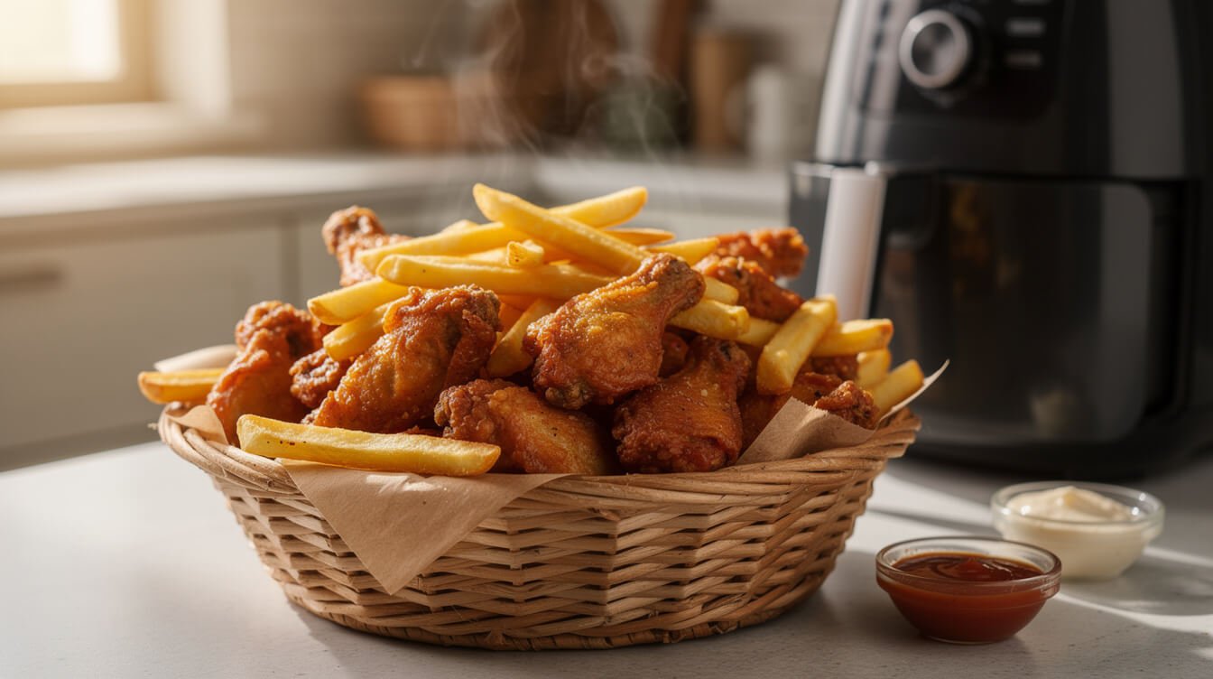 crispy air fryer French fries and chicken wings