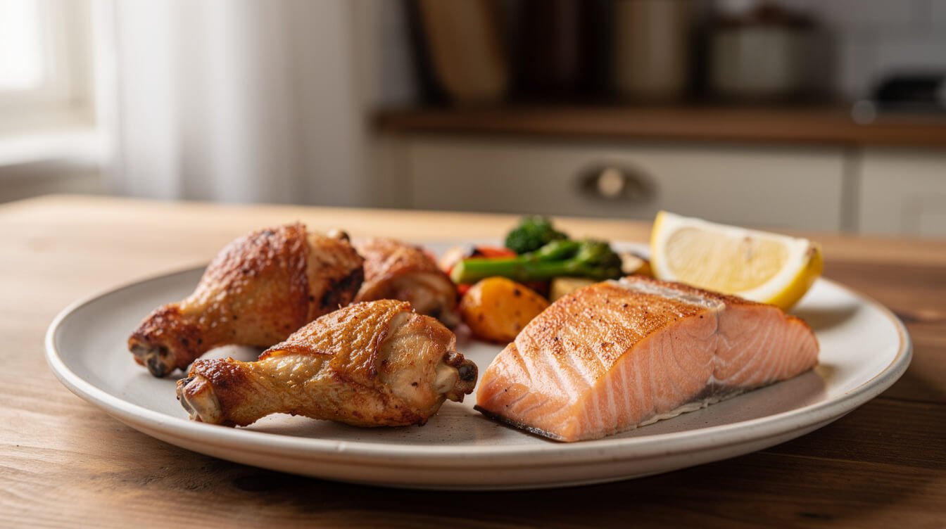 air fryer chicken thighs and crispy salmon on a plate