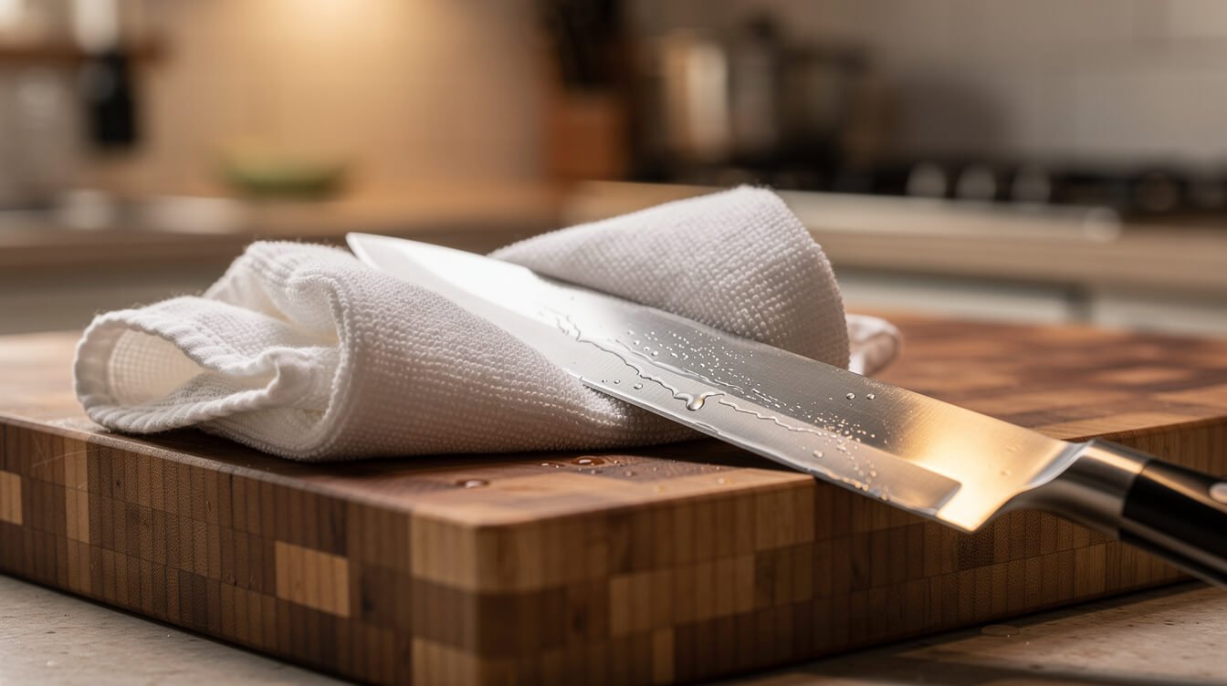 Hand-washed Japanese knife being dried with a towel beside a wooden cutting board