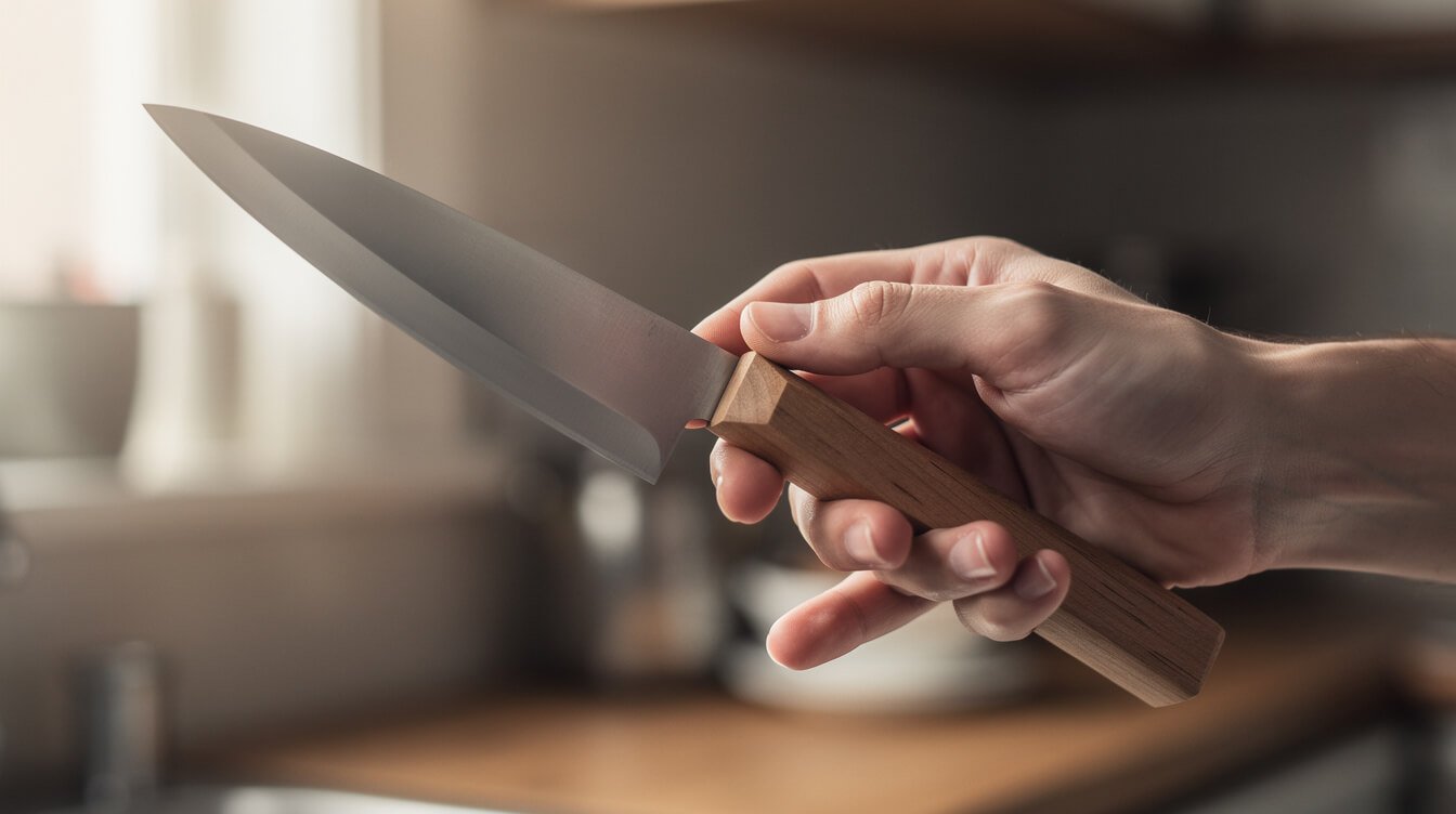 A hand holding a Japanese knife with a pinch grip on the blade