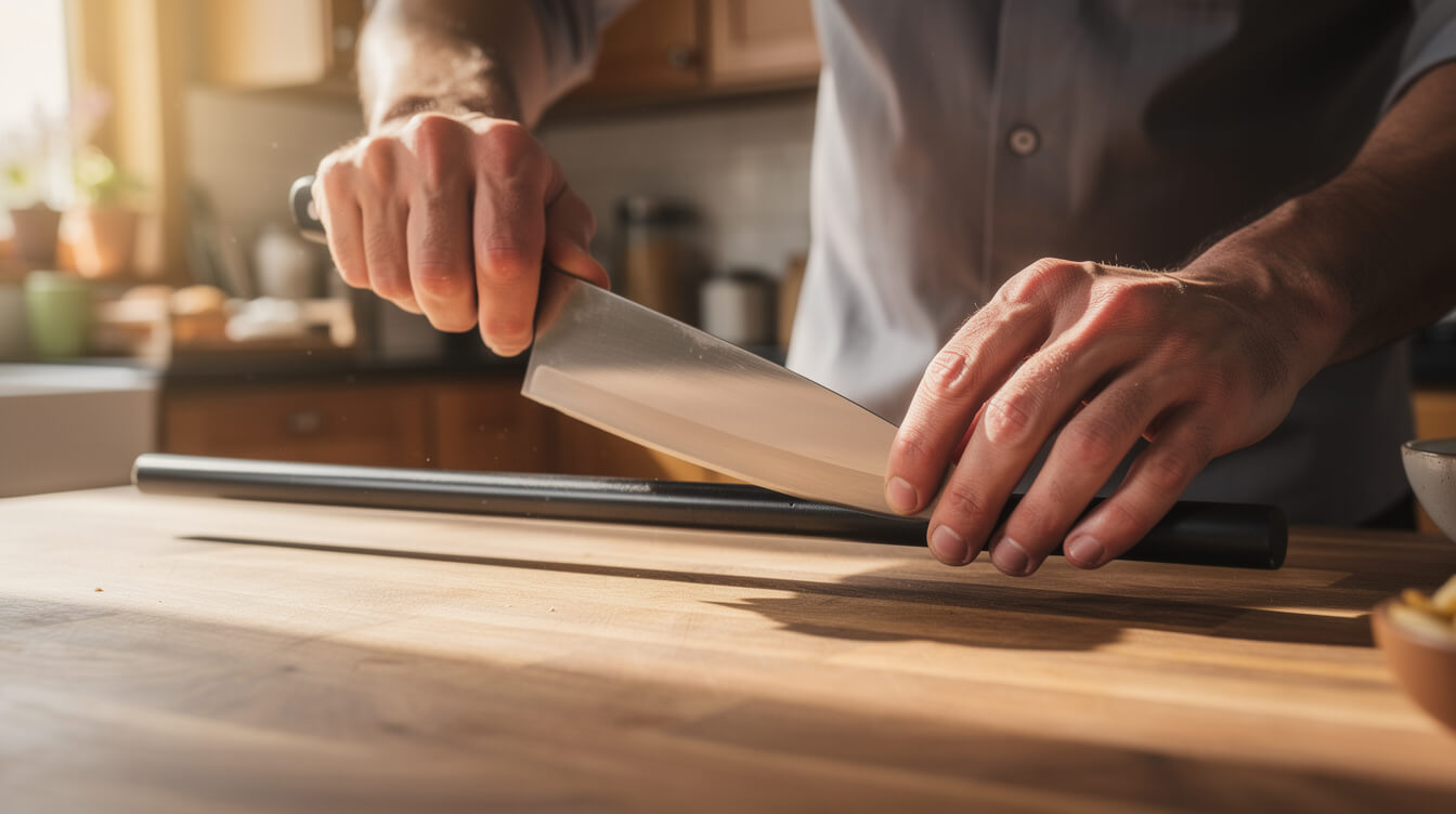 A home cook honing a Japanese kitchen knife on a rod