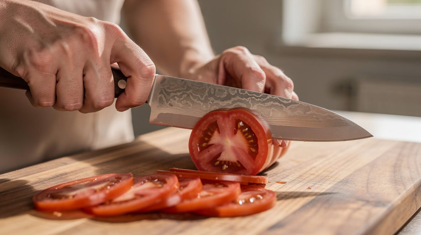 A sharp Japanese chef knife slicing a ripe tomato on a wooden board