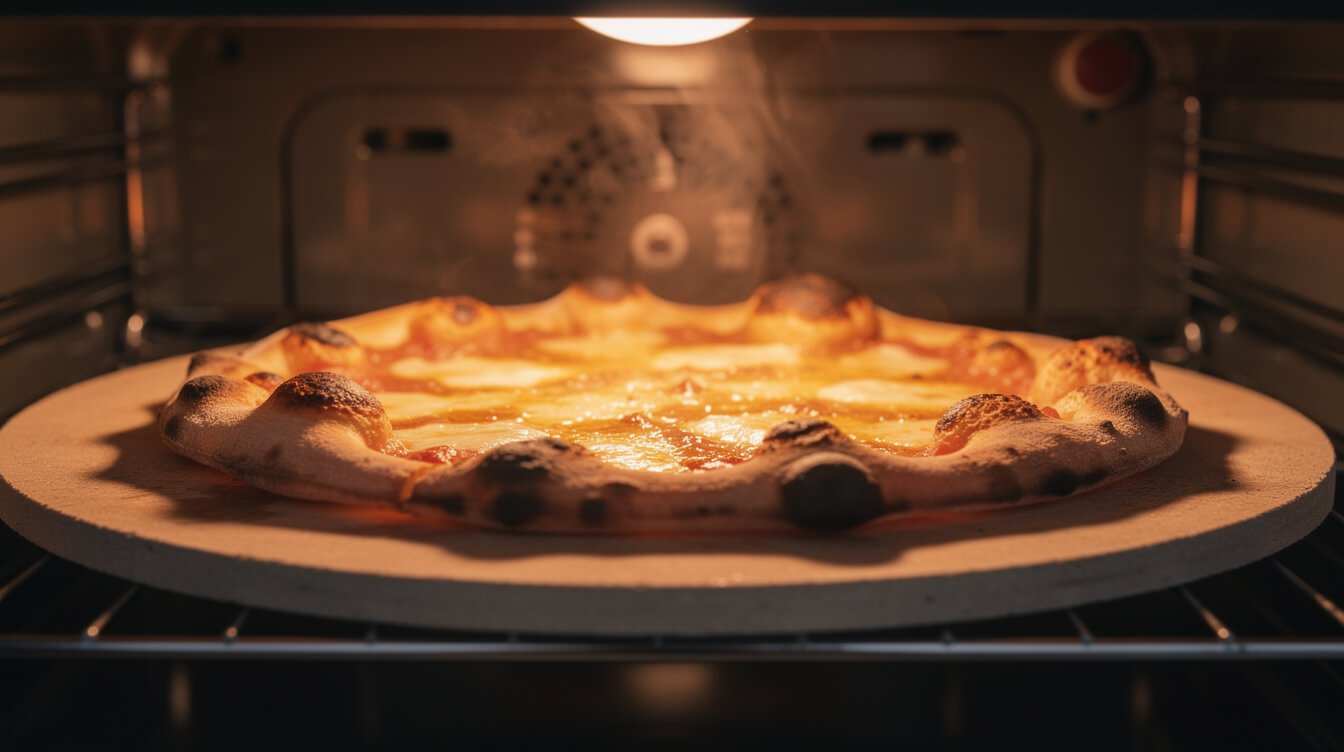 pizza baking on a hot stone in a home oven