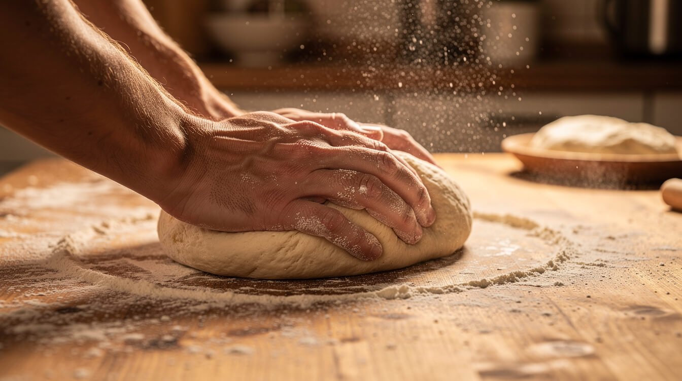 hands kneading pizza dough by hand on a floured counter
