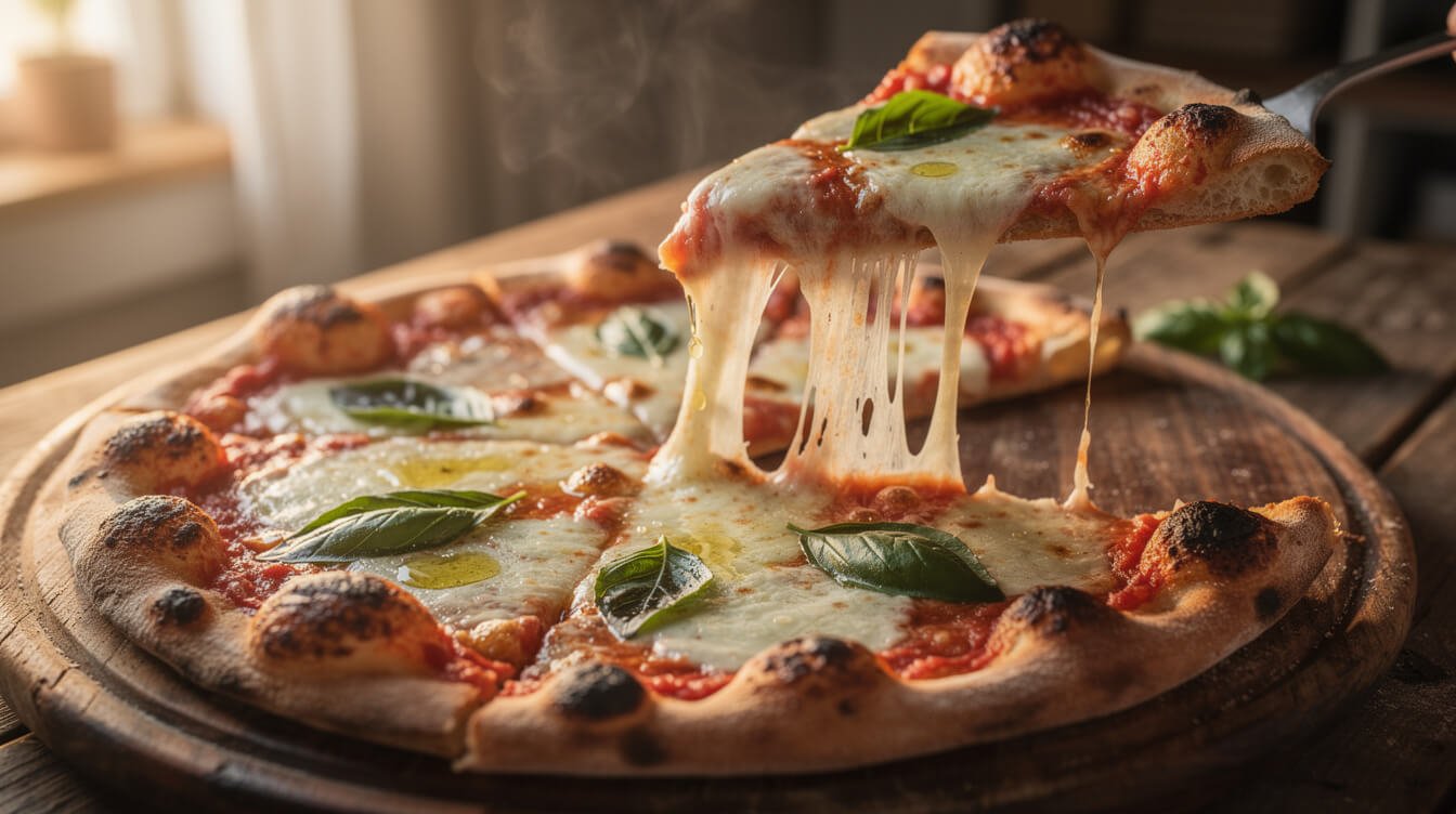 sliced homemade pizza with a cheese pull
