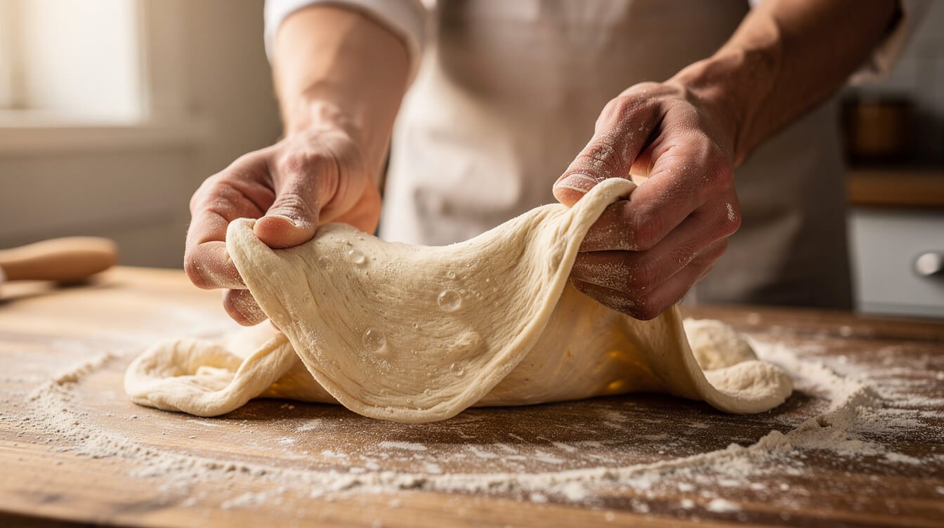 stretching pizza dough thin by hand over knuckles