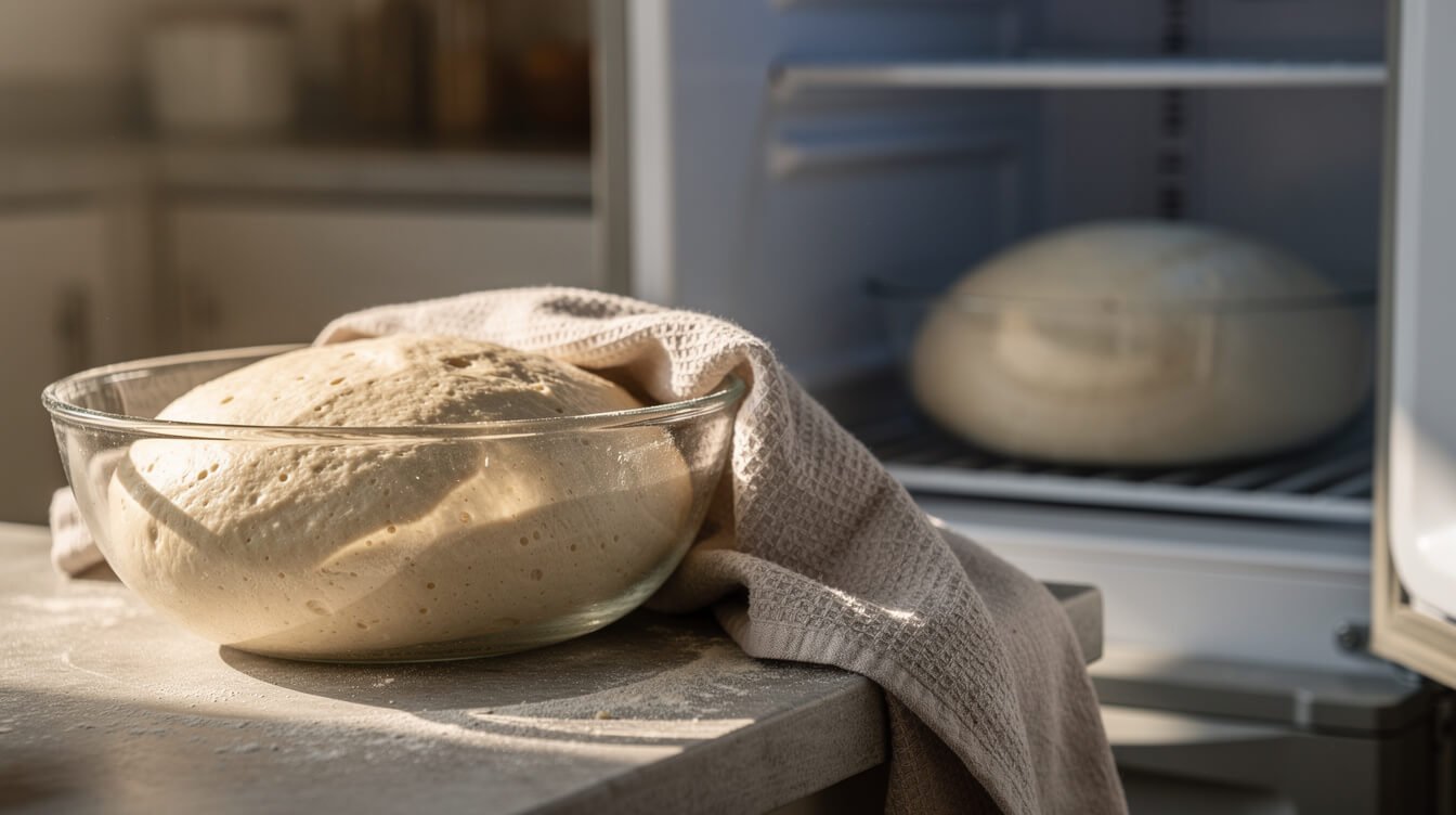pizza dough proofing on the counter and in the fridge