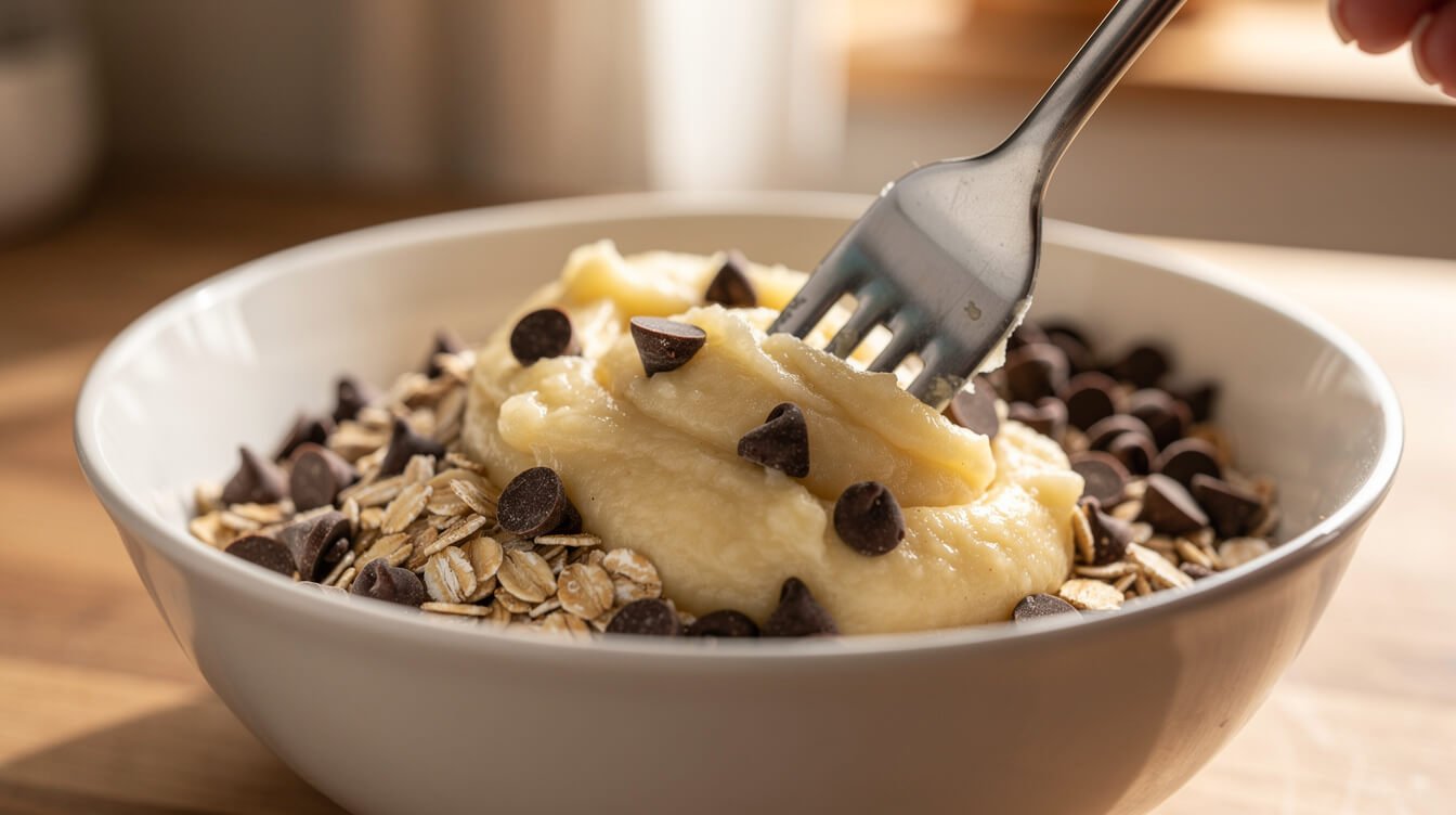 mashed banana mixed with oats and chocolate chips in a bowl