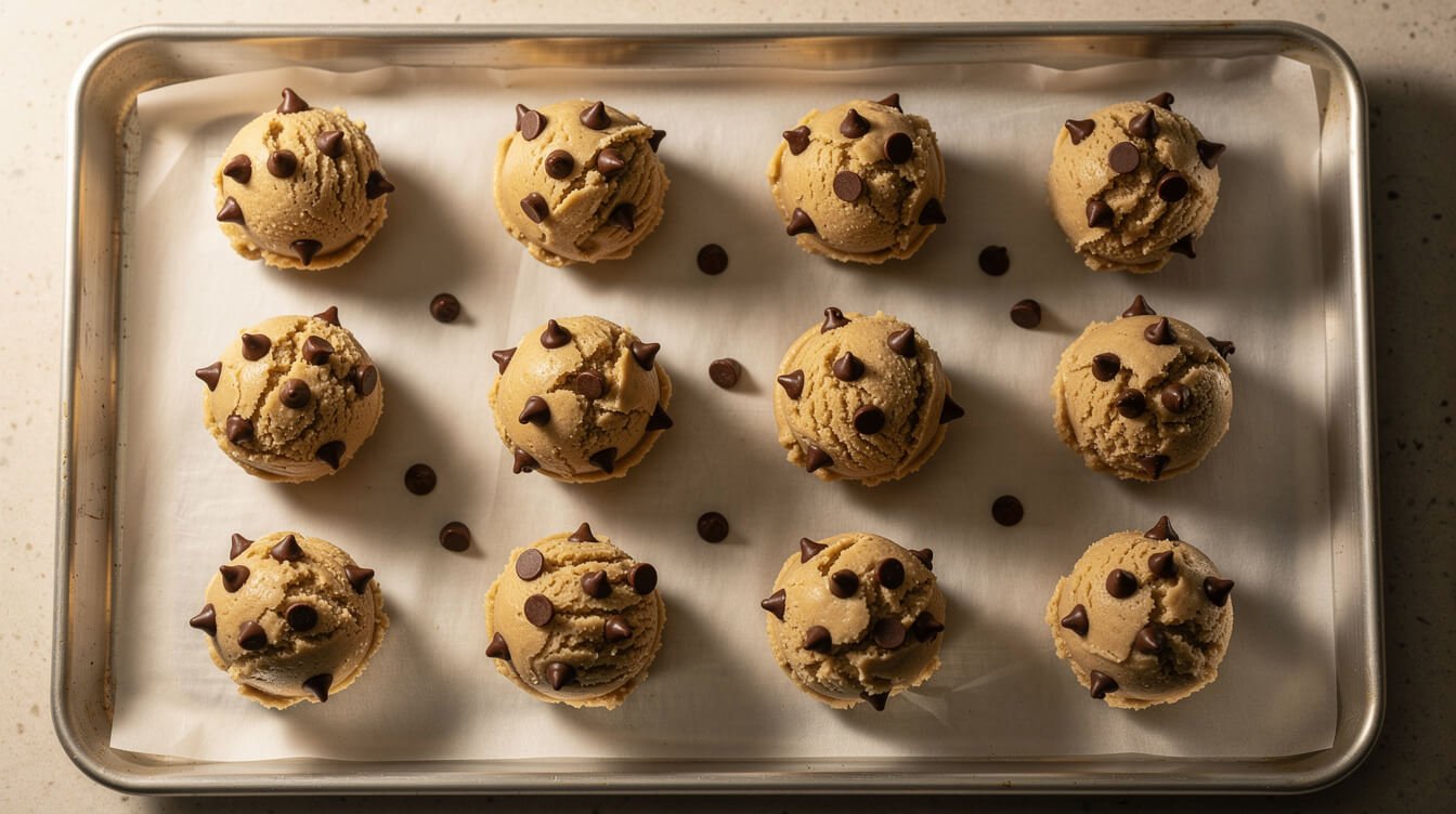 cookie dough scoops from cake mix on a baking sheet with chocolate chips