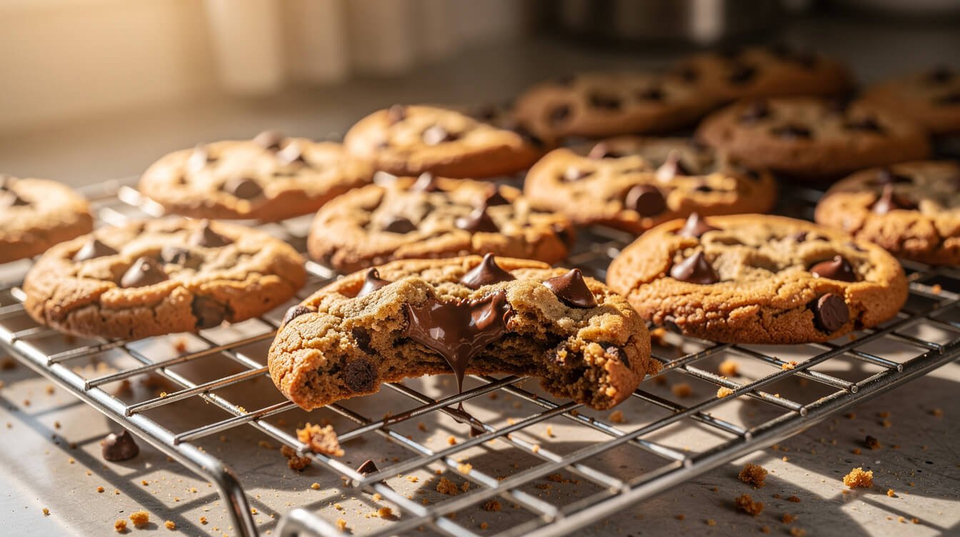 golden chocolate chip cookies cooling on a wire rack