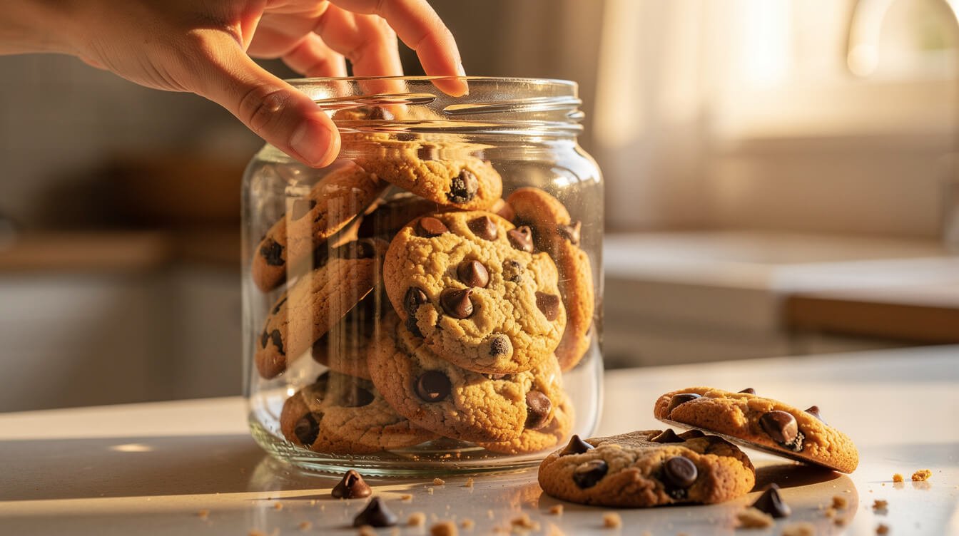 3 ingredient chocolate chip cookies packed into a glass storage jar
