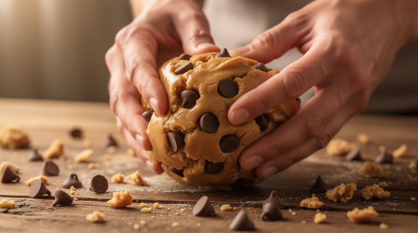 peanut butter cookie dough being rolled by hand with chocolate chips