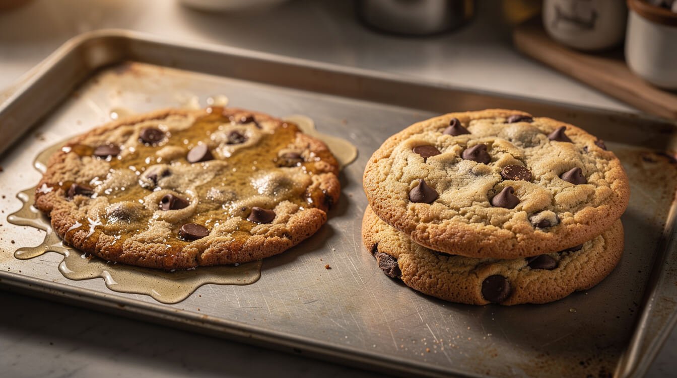 comparison of a flat greasy cookie next to a properly domed cookie