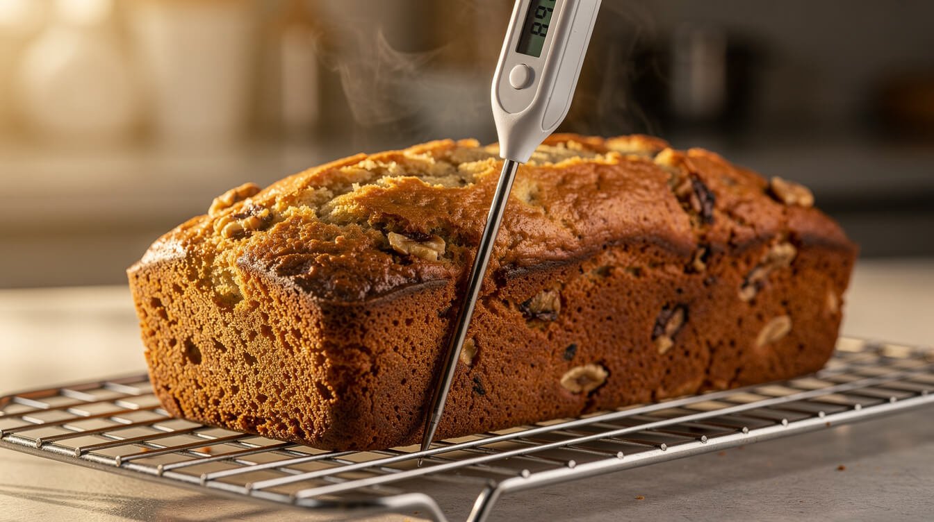 instant-read thermometer checking banana bread doneness