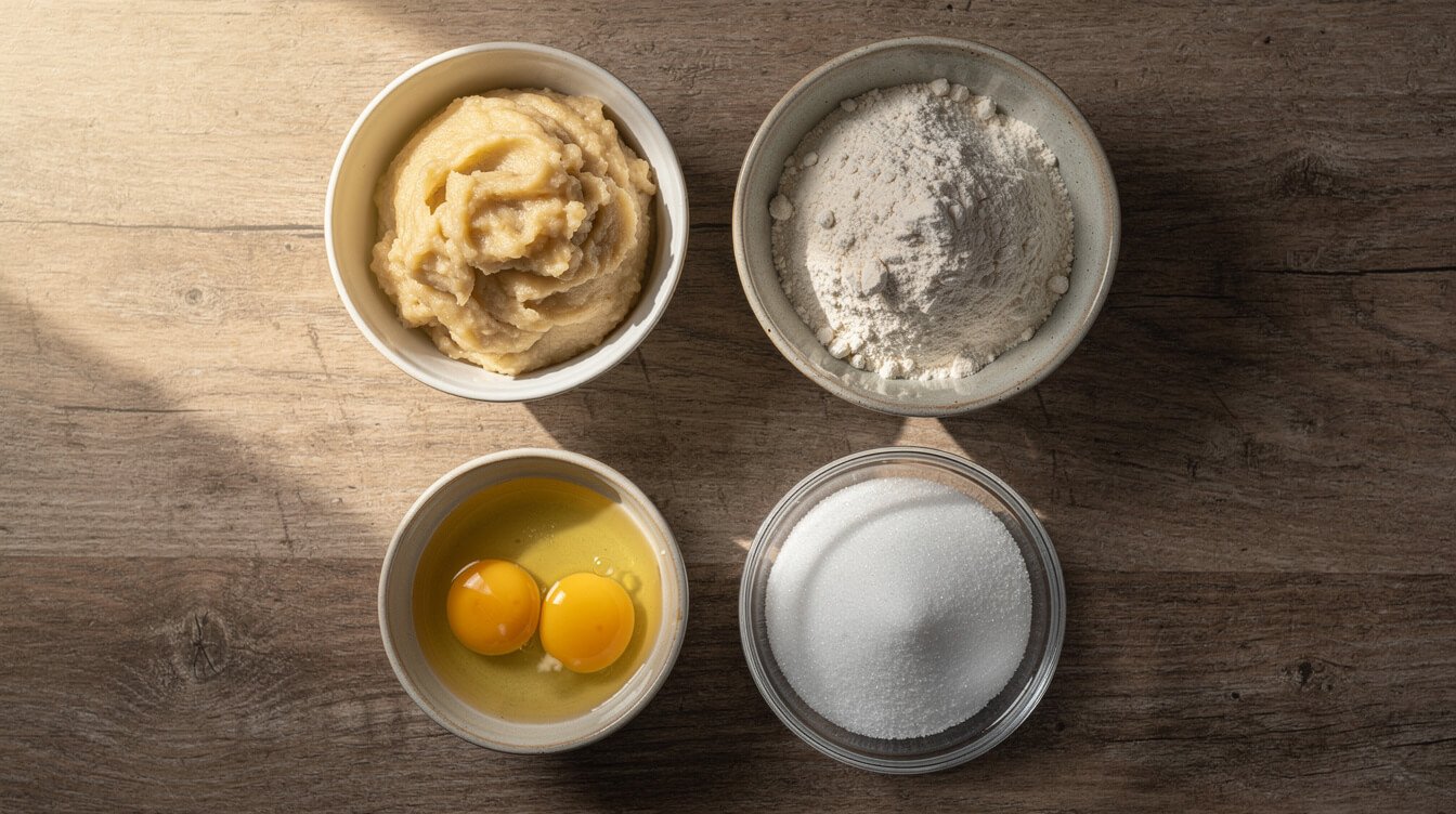 the four measured ingredients for banana bread in small bowls