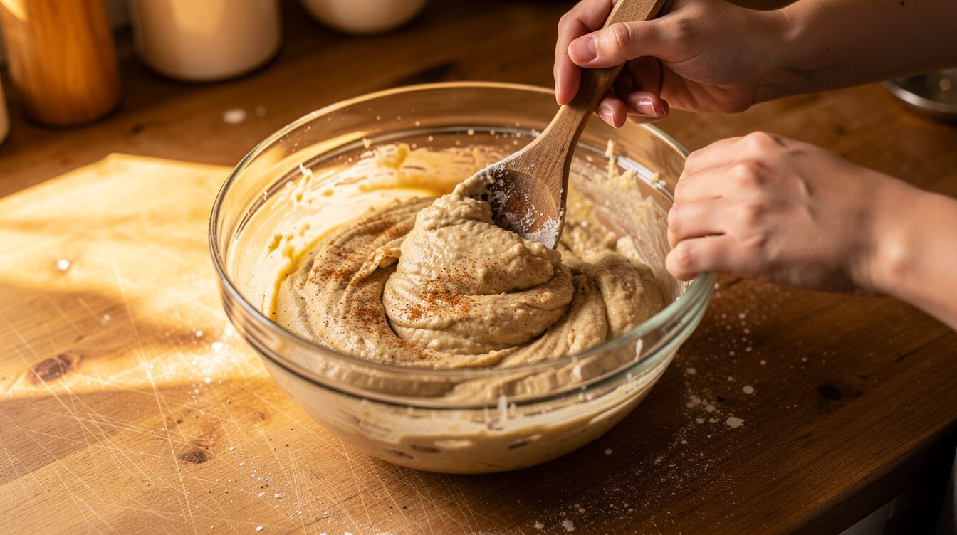 stirring banana bread batter in a glass mixing bowl