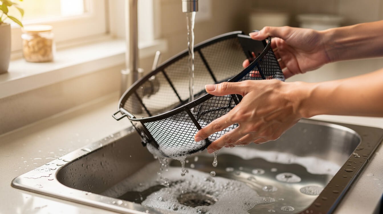 washing an air fryer basket in the sink after use