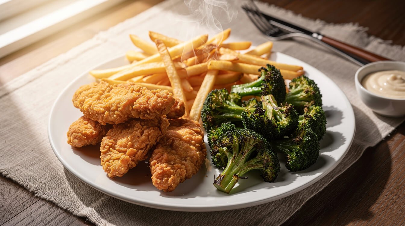 air fryer recipes for beginners plated: crispy chicken tenders, fries, and roasted broccoli