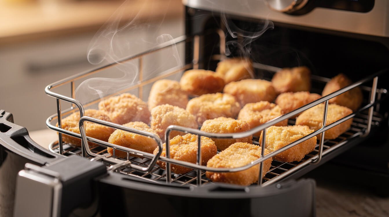 close-up of food cooking evenly in an air fryer basket