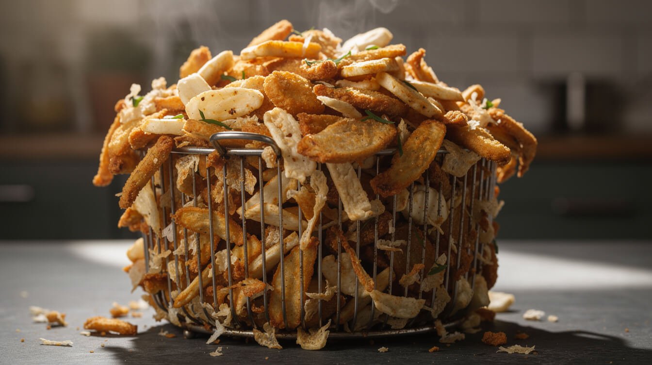 an overcrowded air fryer basket, an example of a common beginner mistake