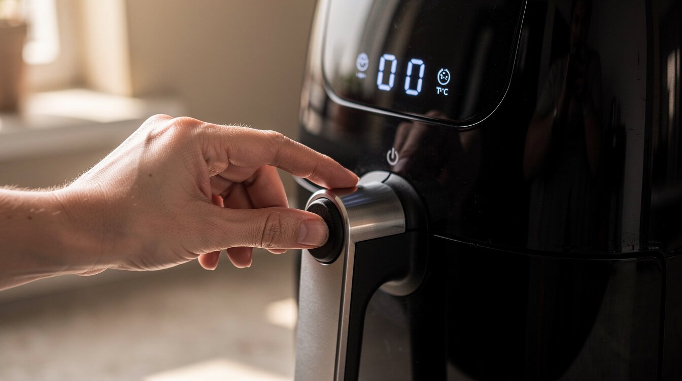 adjusting the temperature dial on an air fryer