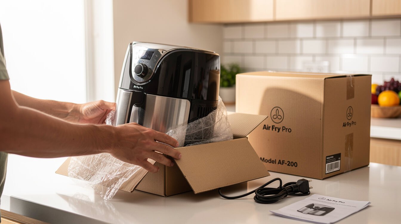 unboxing a new air fryer on a kitchen counter