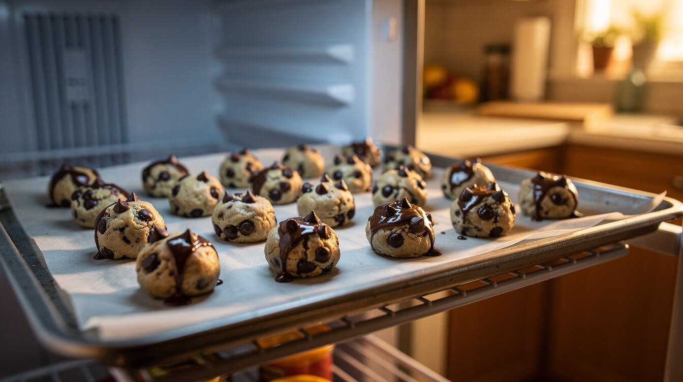 cookie dough balls chilling on a tray in the refrigerator