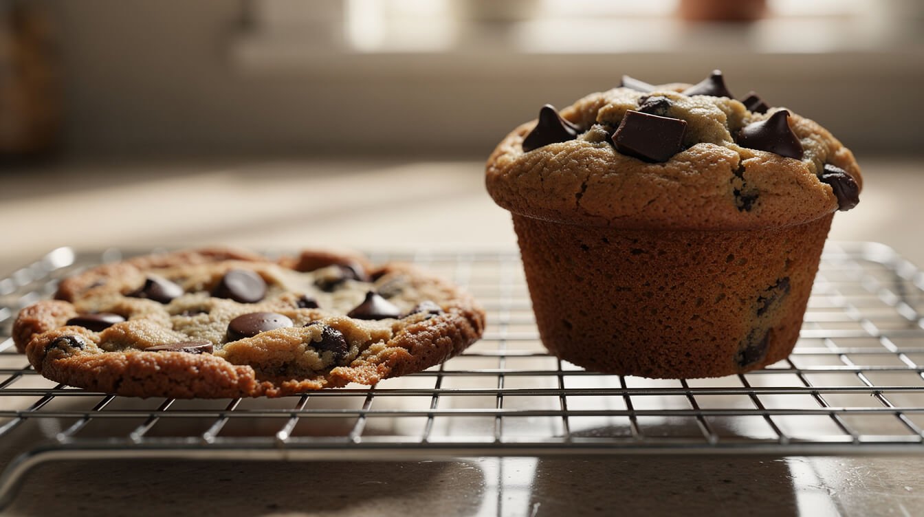 side by side comparison of a flat cookie and a thick bakery style cookie