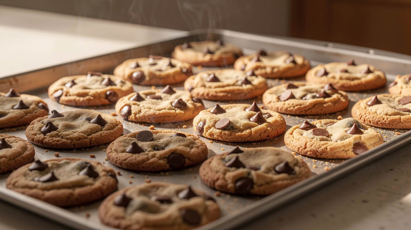 tray of just-baked cookies with pale, soft centers cooling on the pan