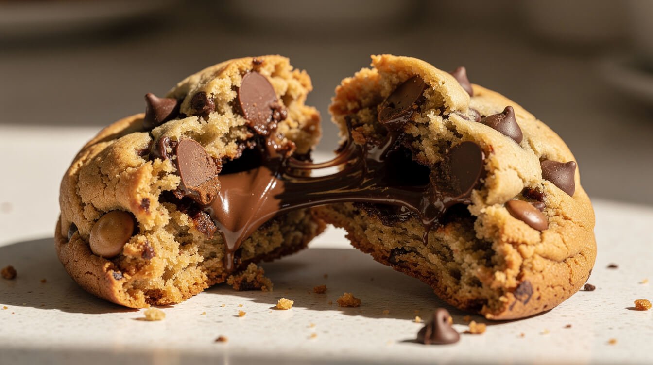thick bakery style chocolate chip cookie torn in half showing a gooey center