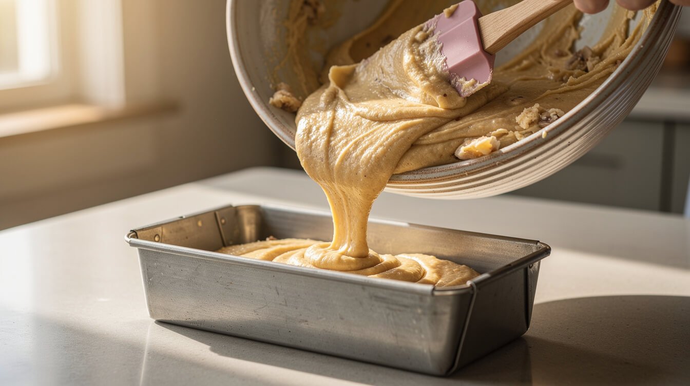 banana bread batter being poured into a loaf pan