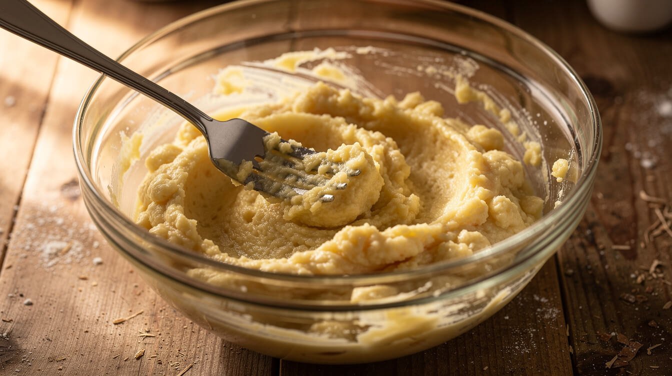 close-up of mashed ripe banana in a bowl