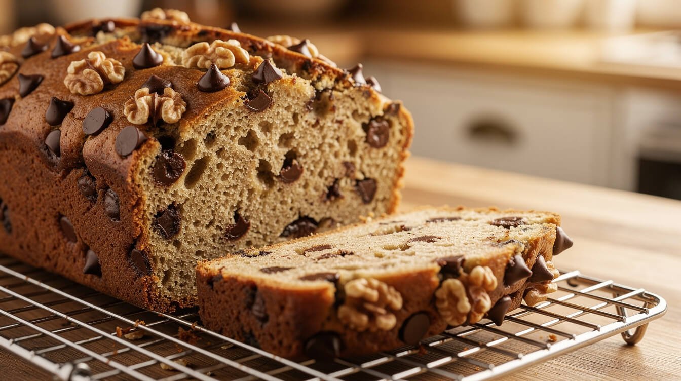 banana bread with chocolate chips and walnuts on a cooling rack