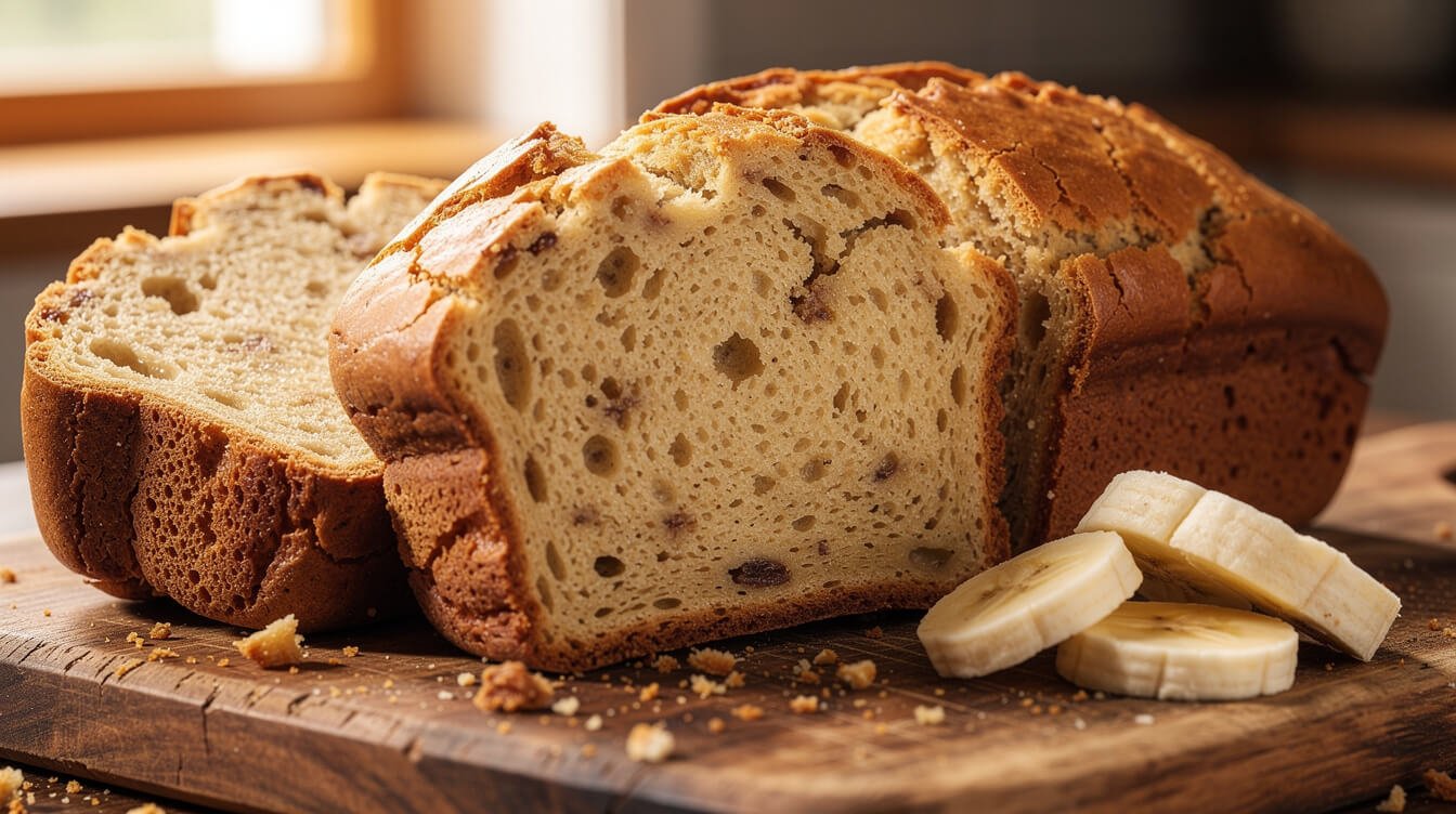 sliced banana bread loaf on a wooden cutting board