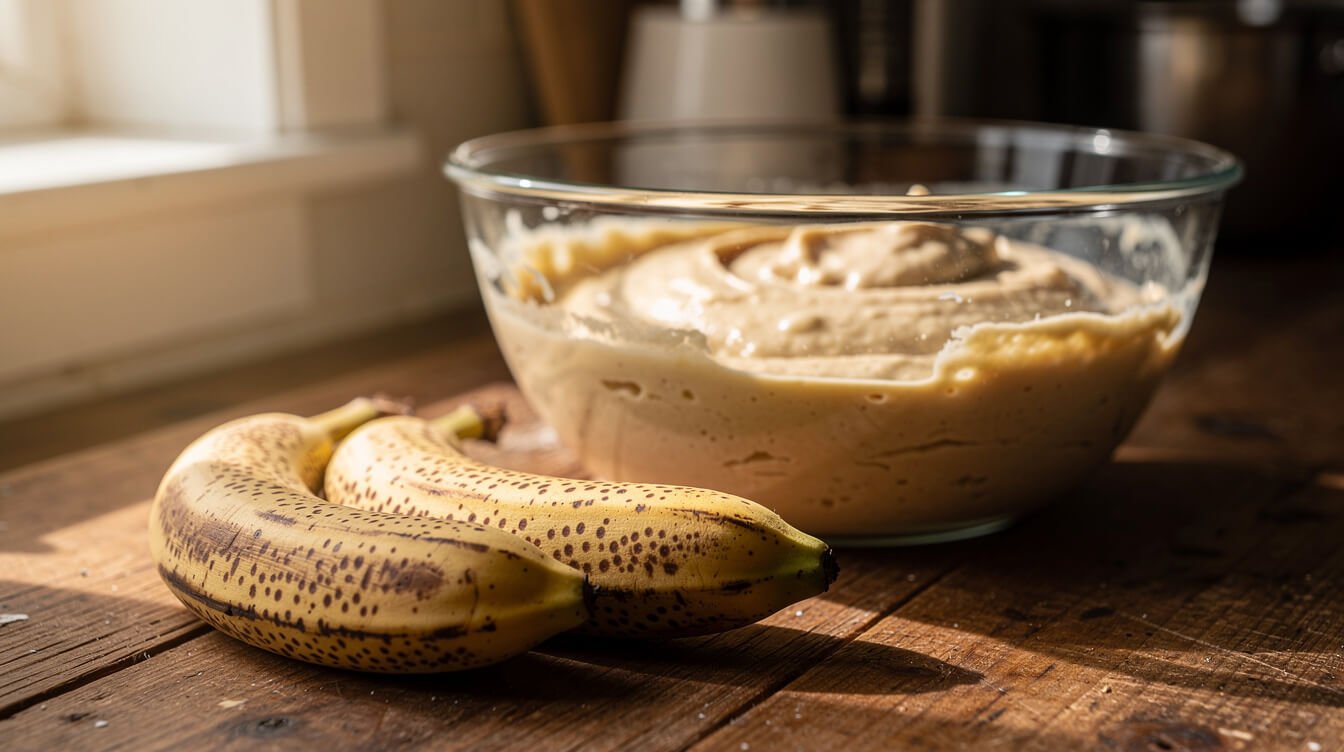 two ripe bananas next to a mixing bowl of banana bread batter