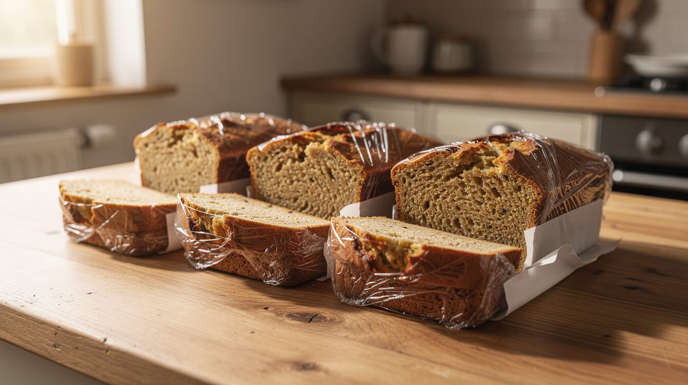 banana bread slices wrapped for storage on a kitchen counter
