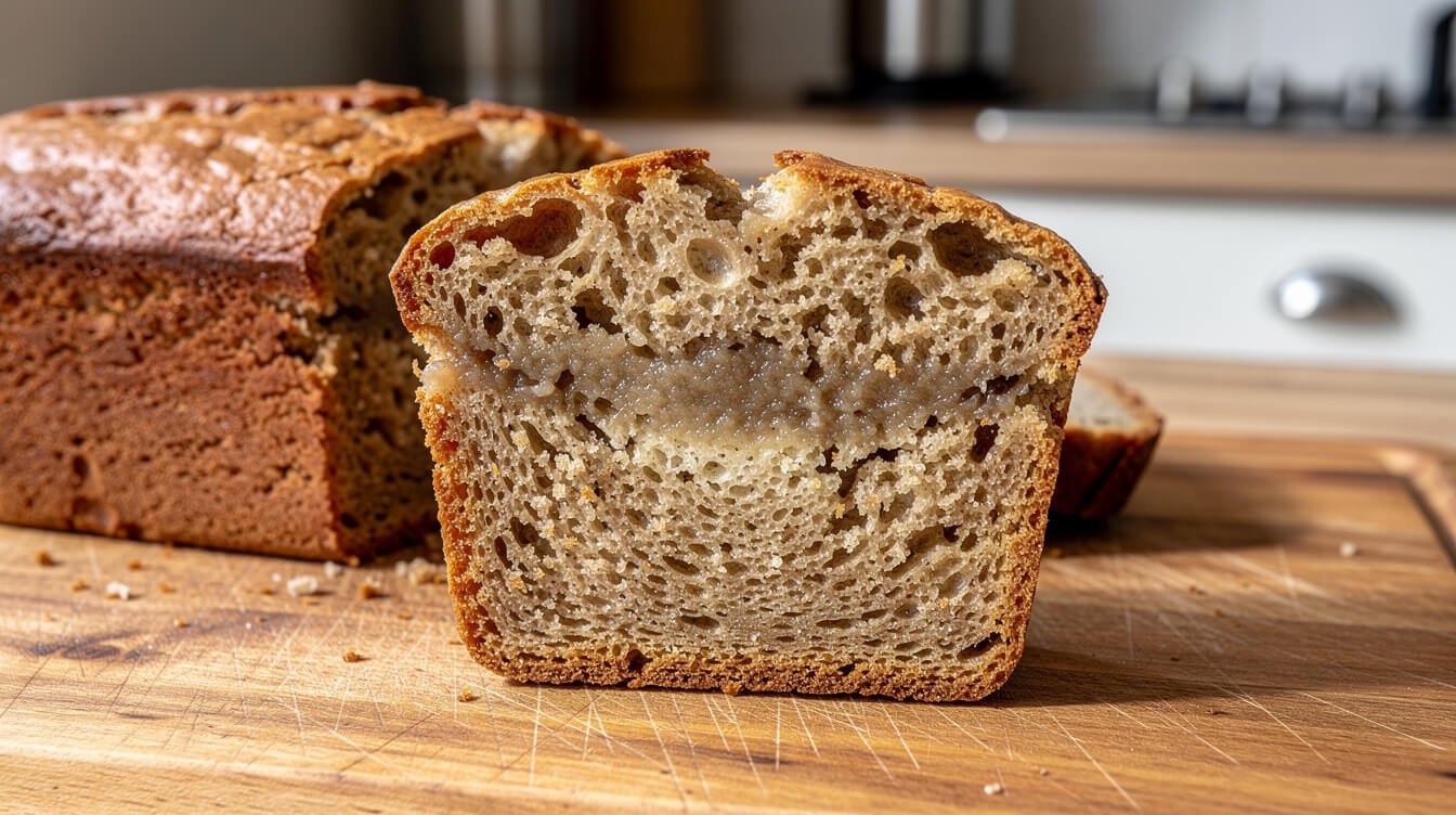 banana bread loaf with a dense gummy slice cut out