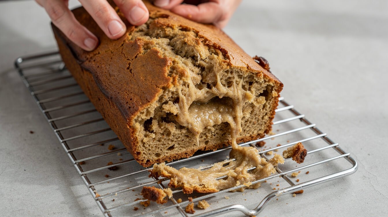 banana bread loaf with a sunken gummy underbaked center
