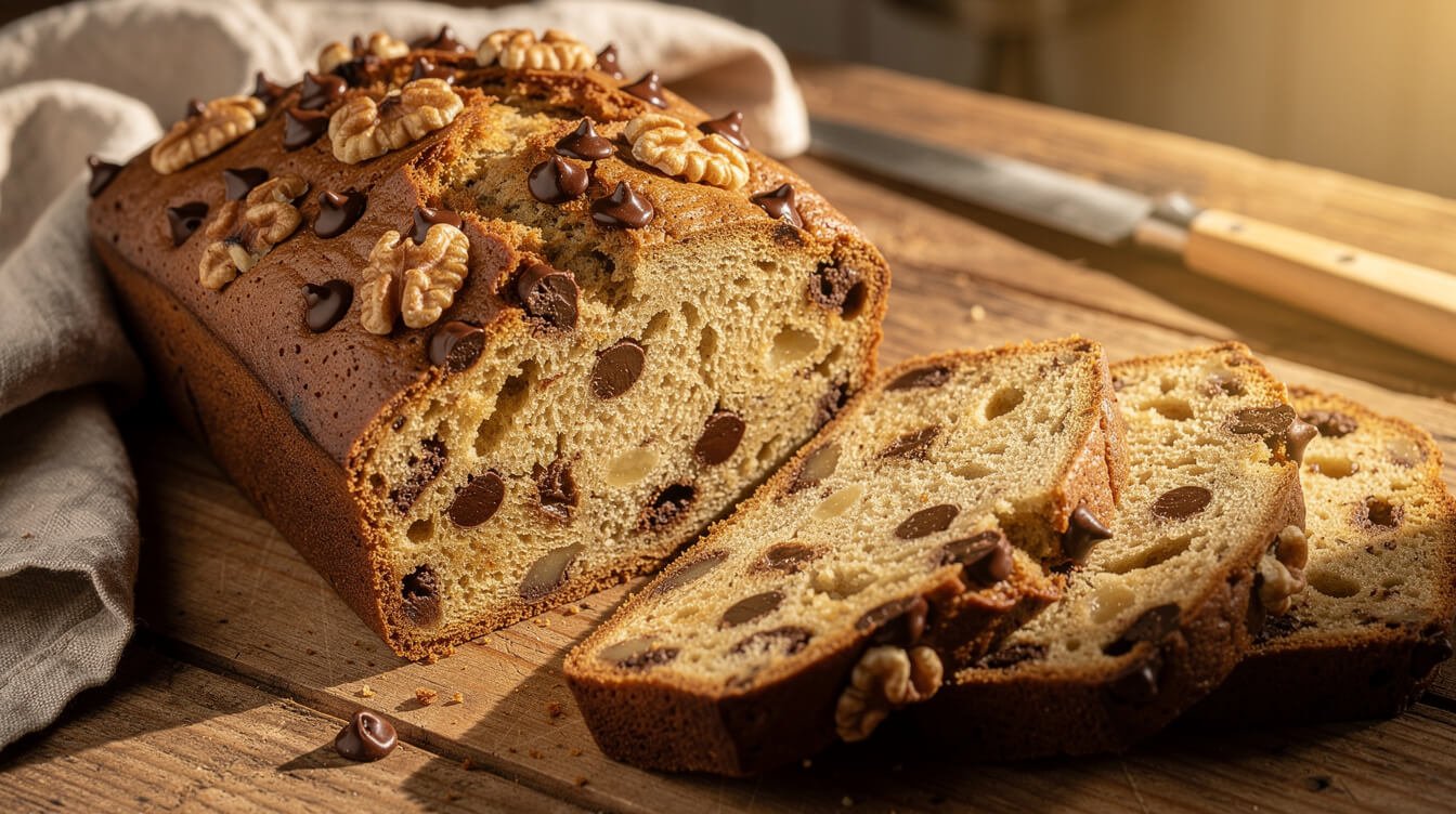 banana bread loaf with chocolate chips and walnuts mixed in
