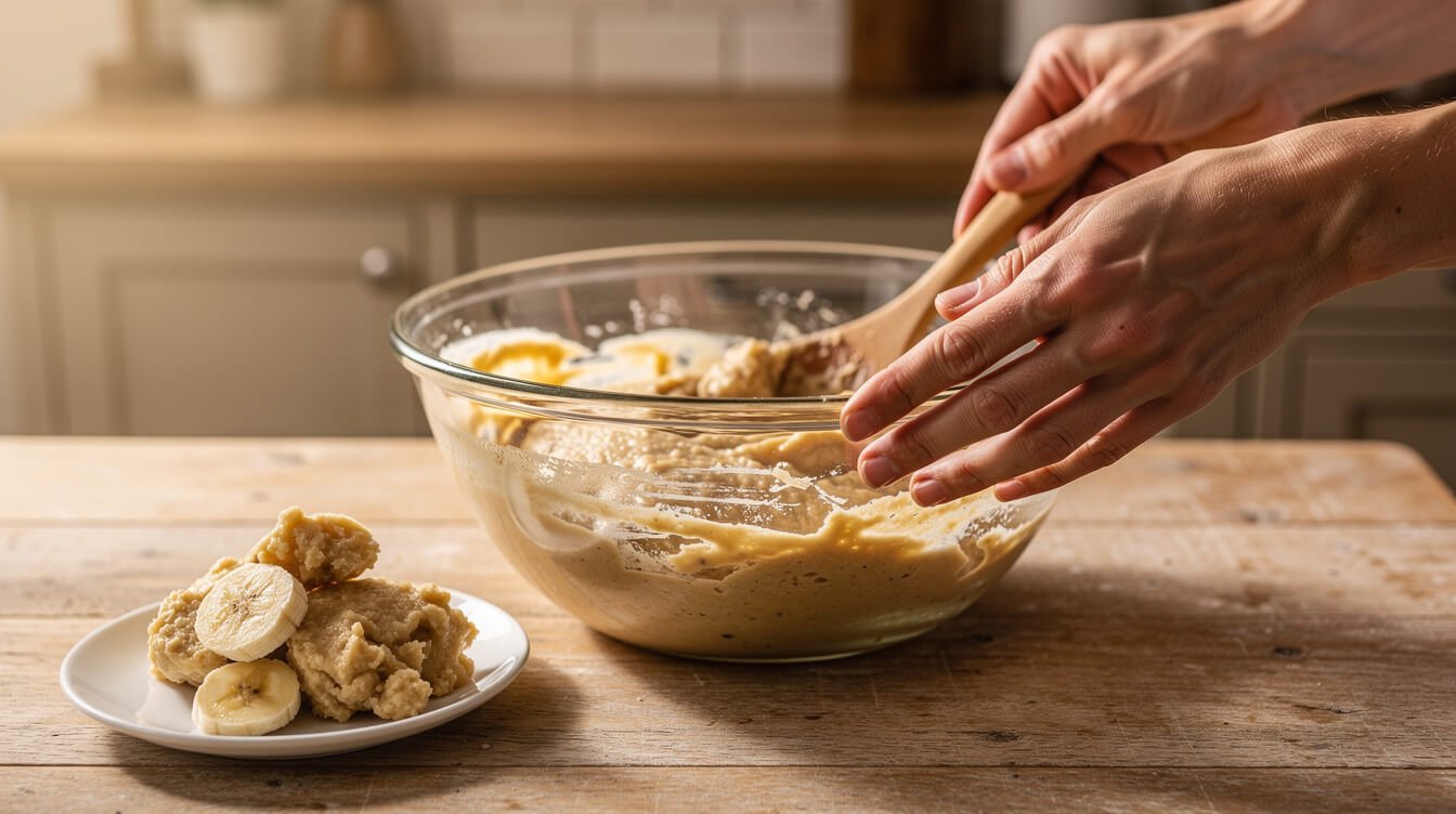mixing banana bread batter in a glass bowl