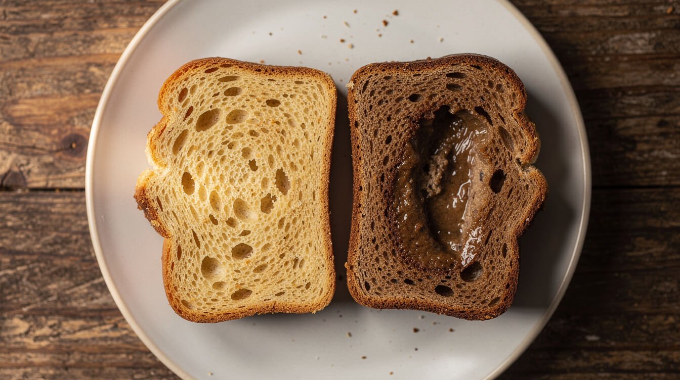 side by side comparison of moist banana bread crumb and underbaked sunken center