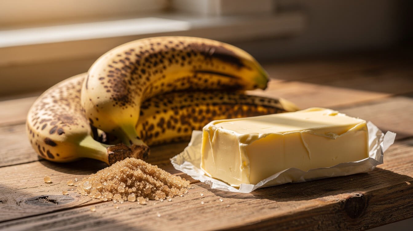 ripe bananas, butter, and brown sugar for banana bread