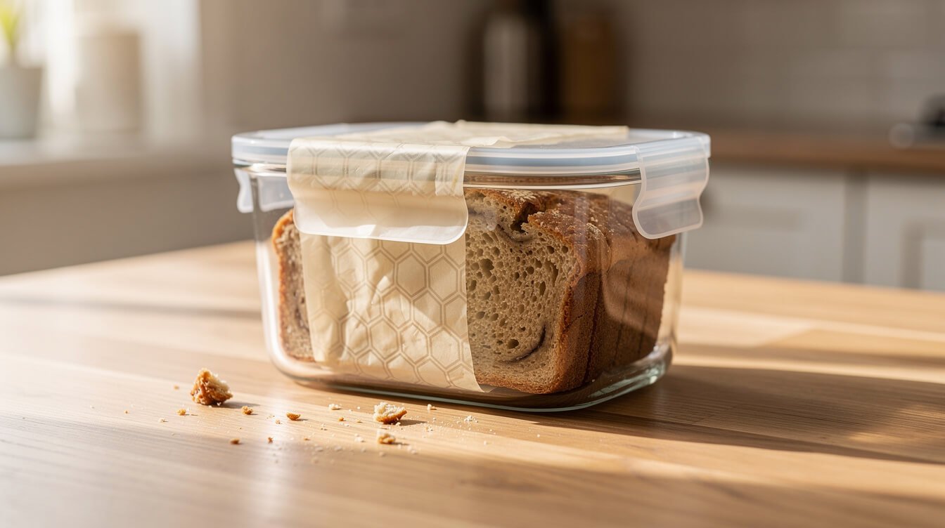 sliced banana bread stored in an airtight container