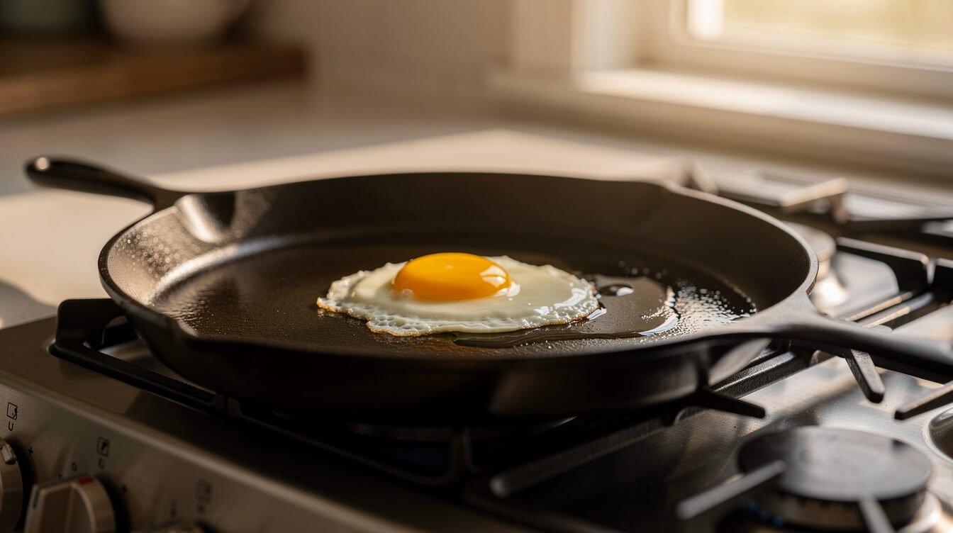 A fried egg sliding across a well-seasoned budget cast iron skillet