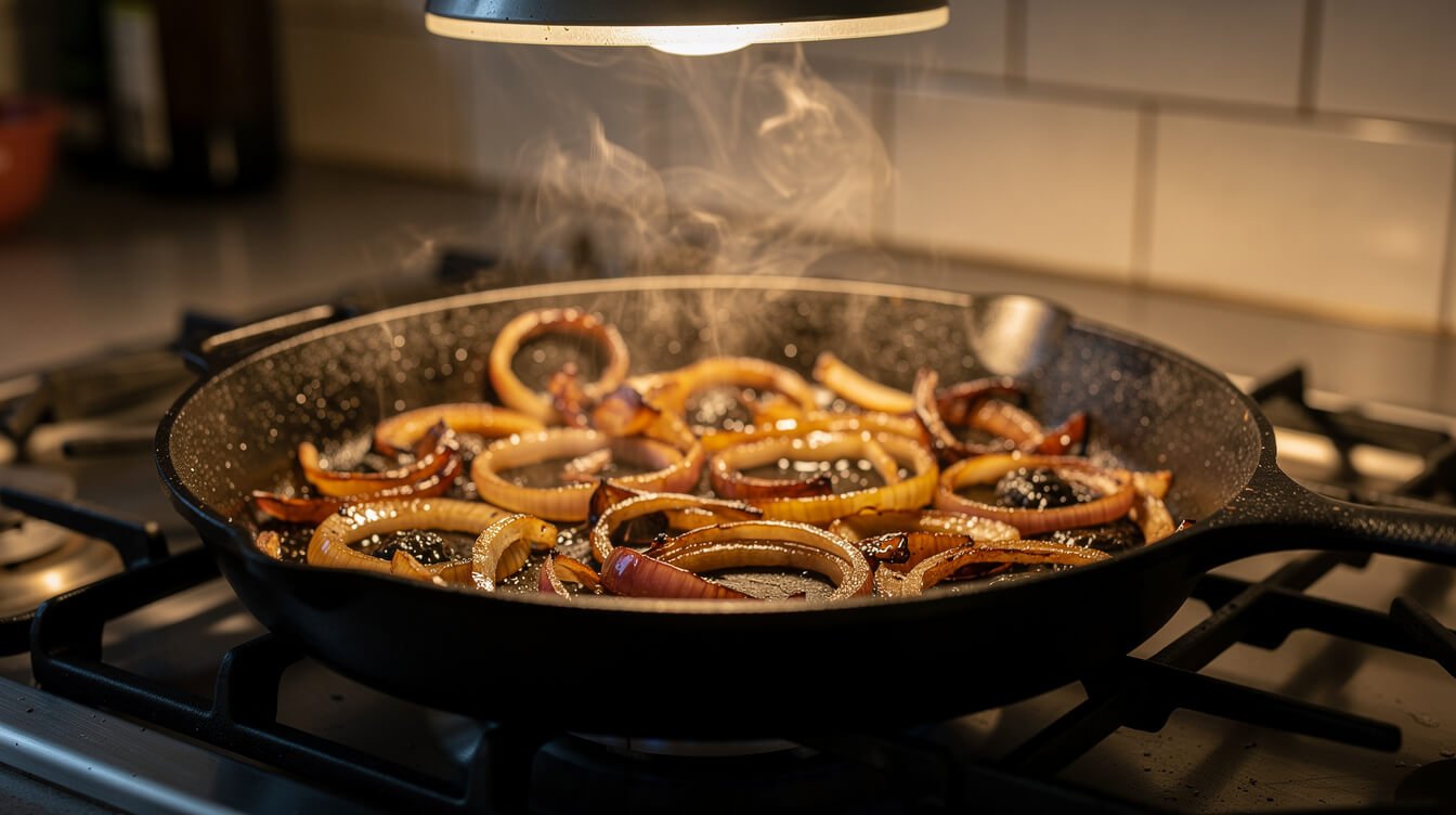 A plain cast iron skillet searing onions on a home stovetop
