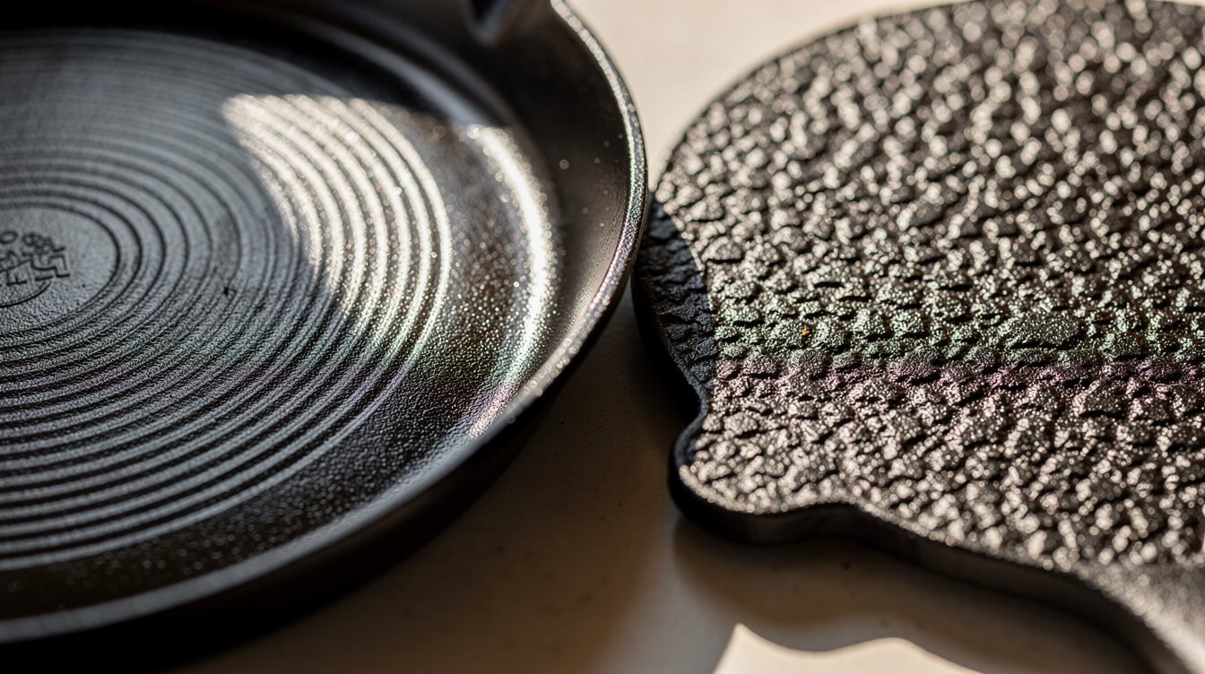 Close-up comparing a smooth milled cast iron cooking surface with a rough pebbled one