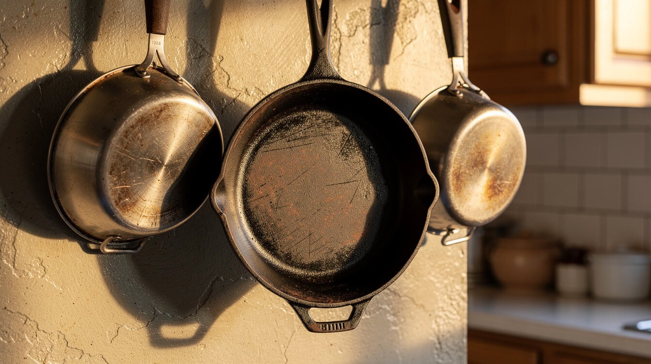 A well-used cast iron skillet hanging on a hook in a cozy home kitchen