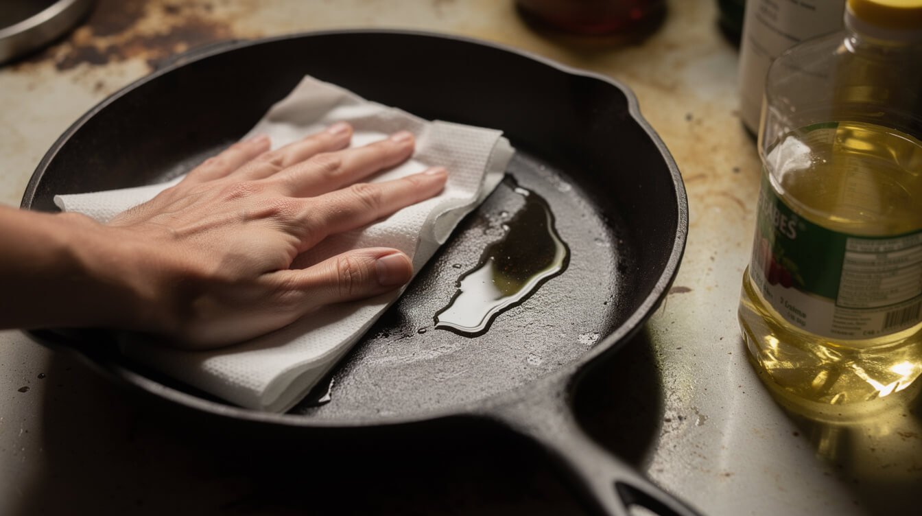 A hand rubbing a thin layer of oil into a cast iron skillet with a paper towel