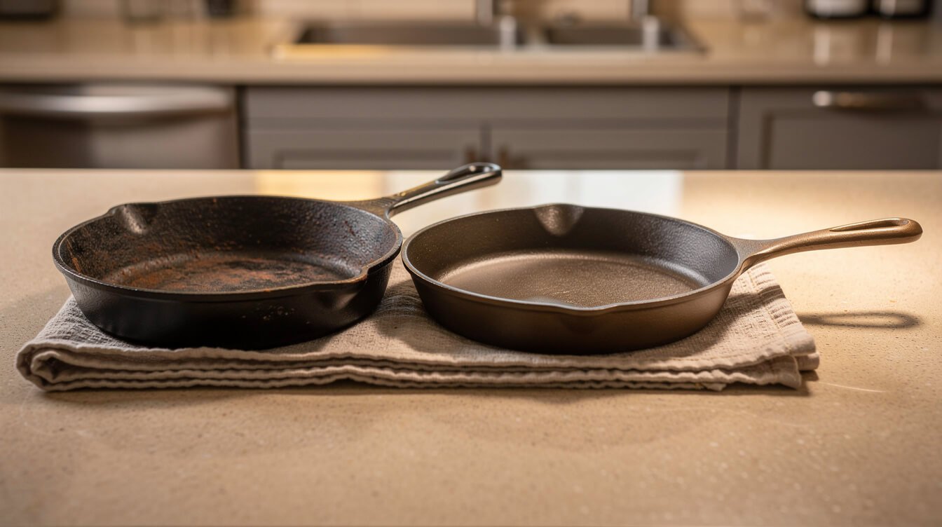 A rough cast iron skillet beside a lighter milled skillet for comparison